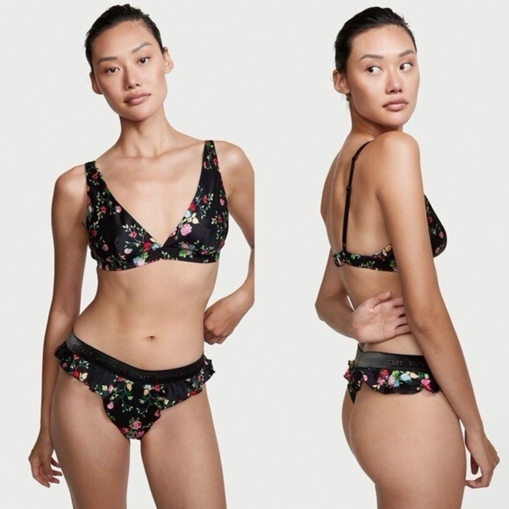 NWOT 100% Washable Silk Black Floral Bra & Ruffle Velvet Silk Pajama Lounge Set